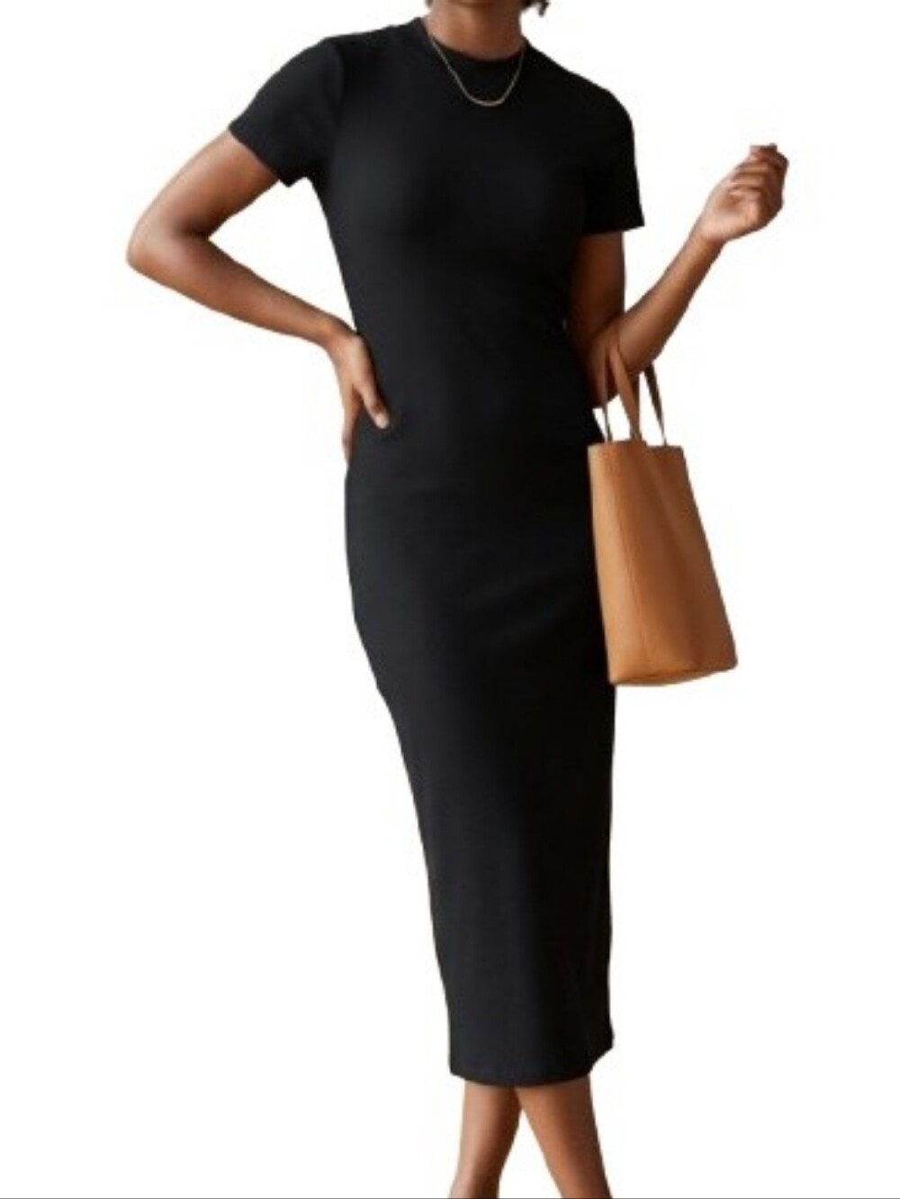Time & Tru Black Rib-Knit Midi Dress Bodycon Side Slits Crewneck Short Sleeve